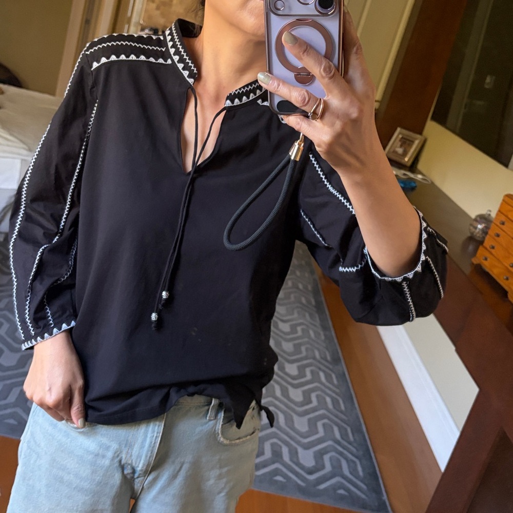 chico's  Black Embroidered ruffle long sleeve blouse